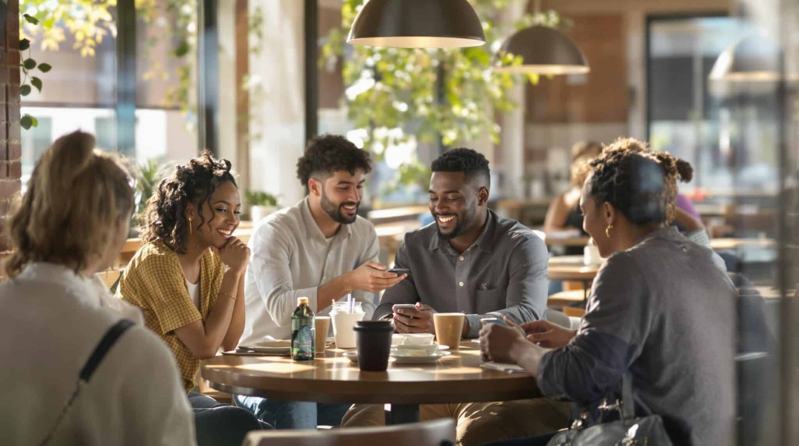 Group of friends enjoying coffee in a cafe.