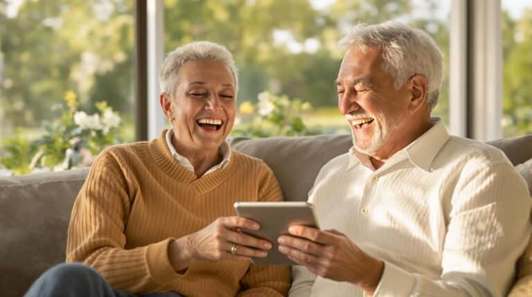 Couple âgé riant en regardant une tablette
