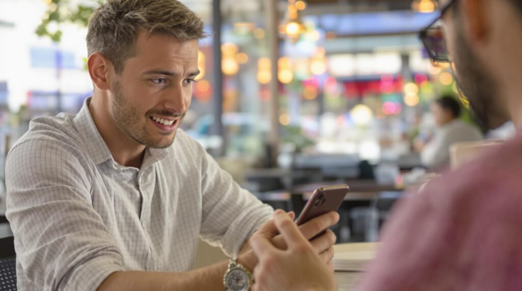 Man showing phone to friend at cafe.
