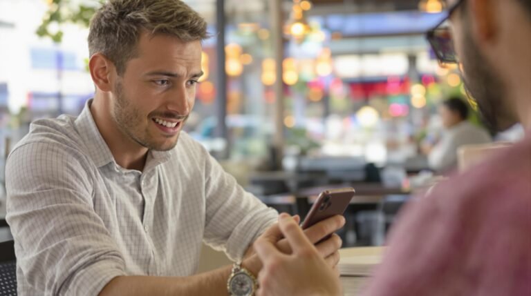 Man showing phone to friend at cafe.