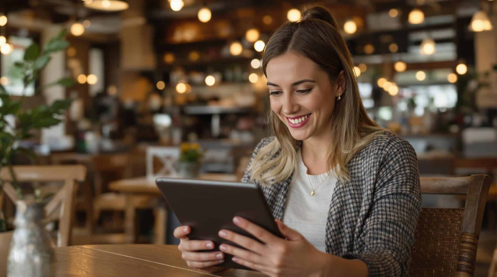 Woman smiling while using a tablet in a cafe.