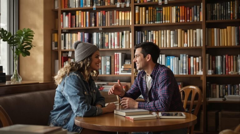 Un homme et une femme discutent dans une bibliothèque.