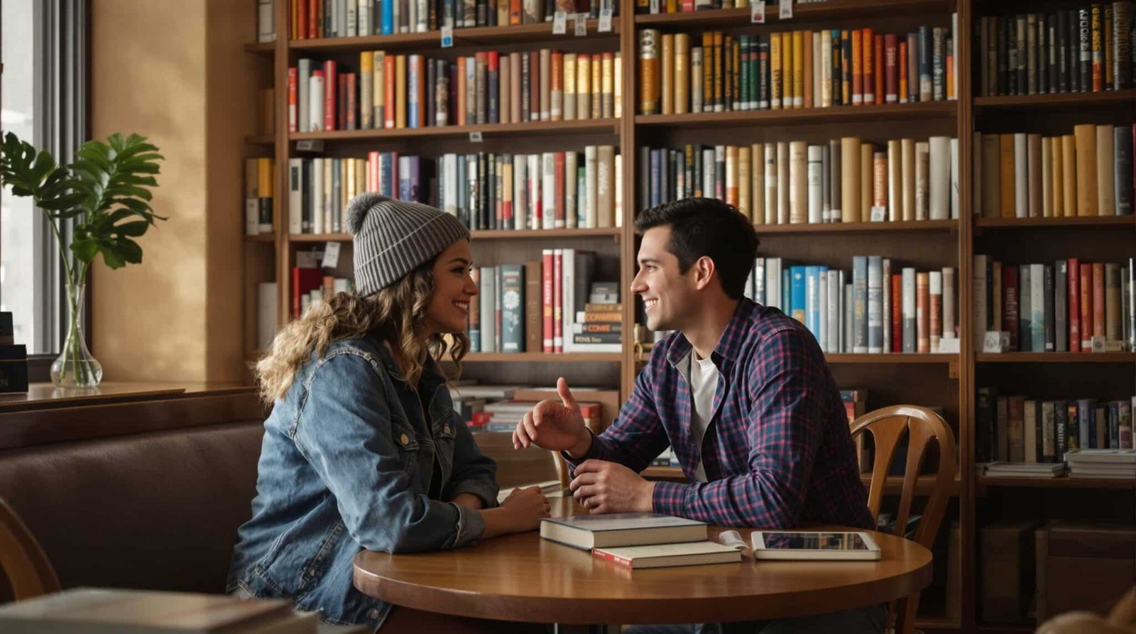 Un homme et une femme discutent dans une bibliothèque.