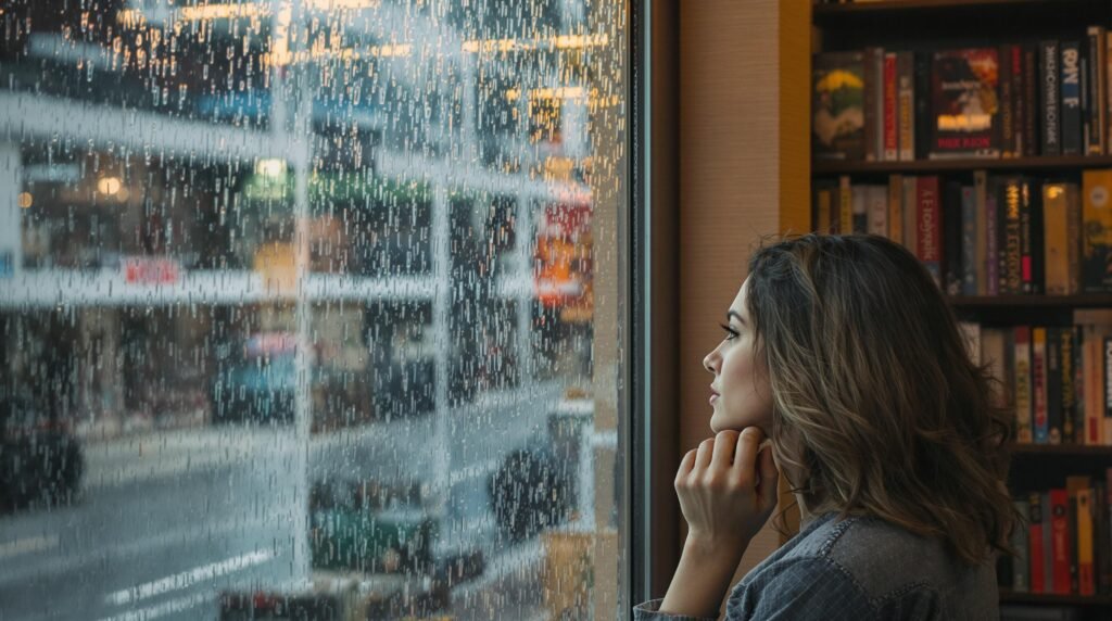Femme regardant la pluie à travers une fenêtre