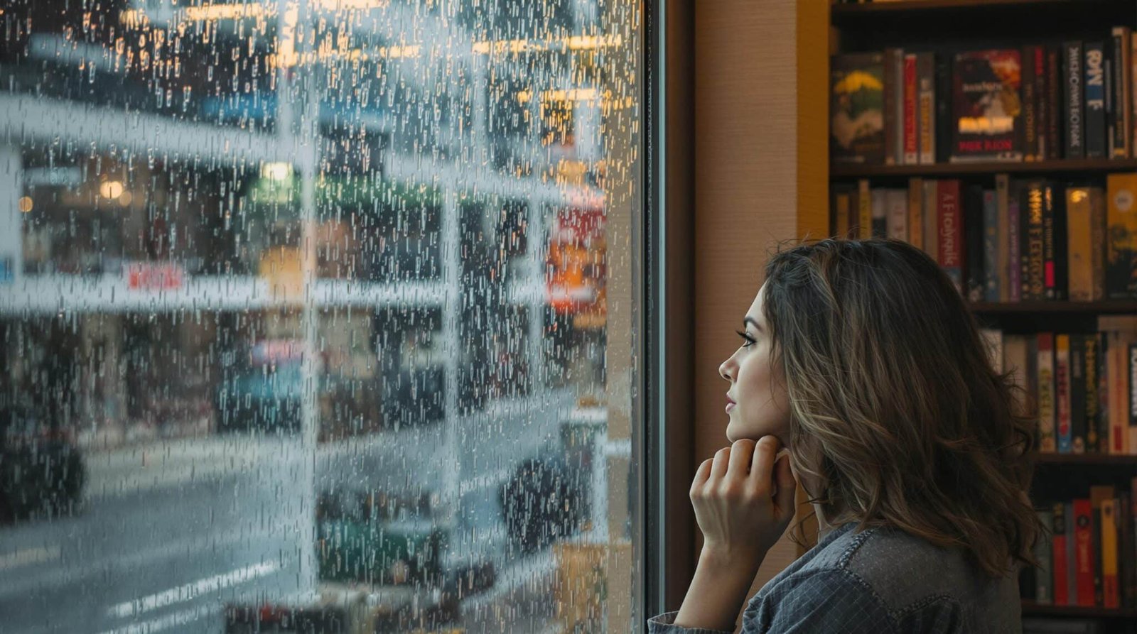 Femme regardant la pluie à travers une fenêtre