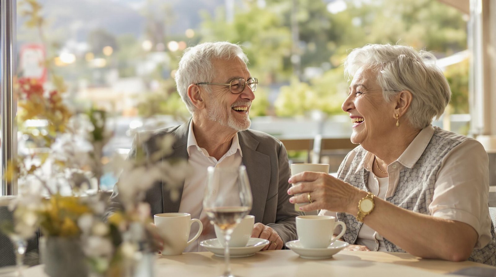 Smiling elderly couple enjoying coffee together.