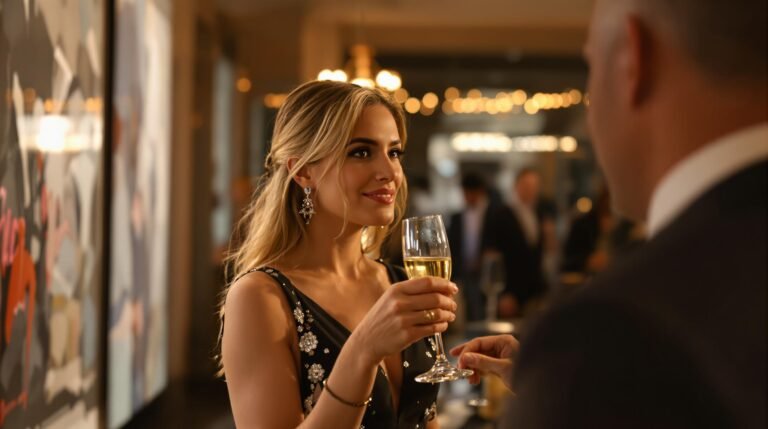 Woman in evening gown holding champagne at a party.
