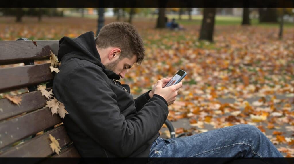 Man on bench using smartphone in autumn park