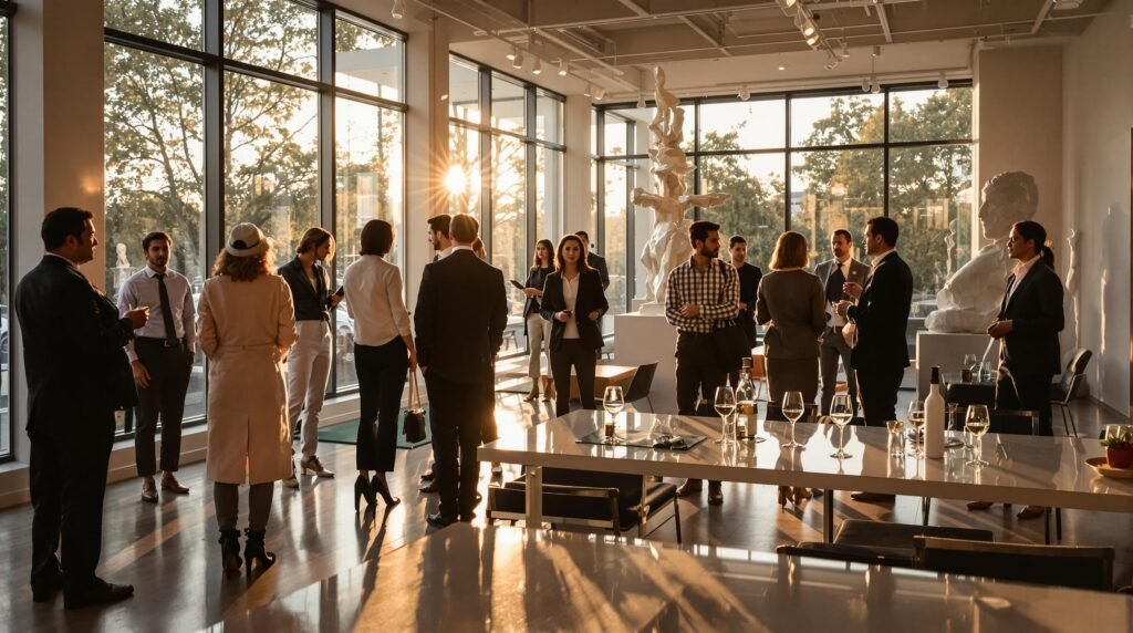 People networking at an art gallery opening.