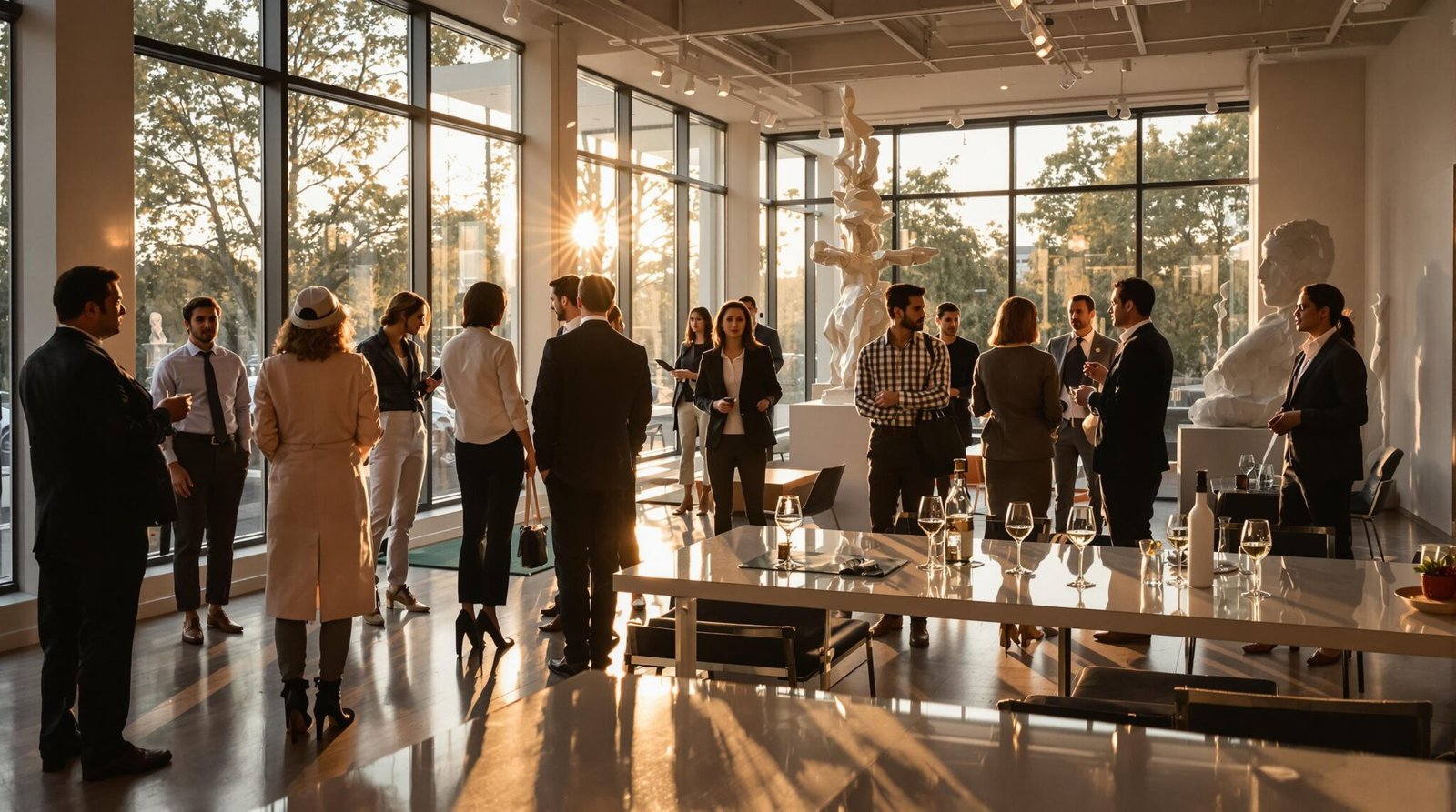 People networking at an art gallery opening.
