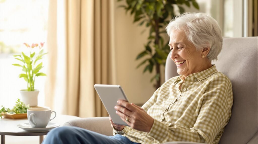 Smiling senior woman using a tablet at home