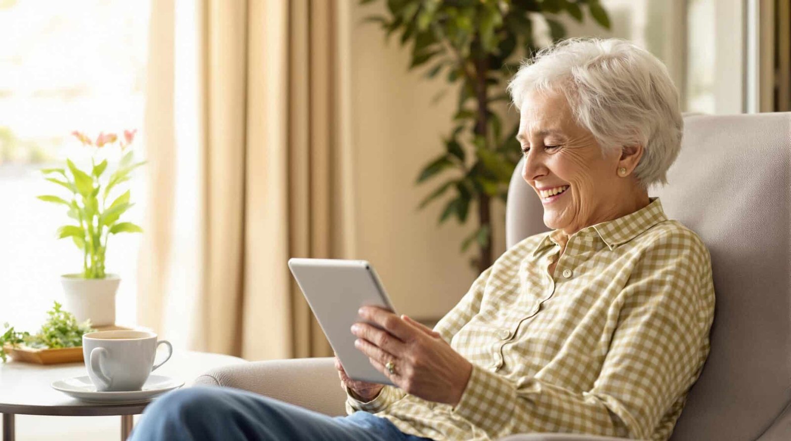 Smiling senior woman using a tablet at home