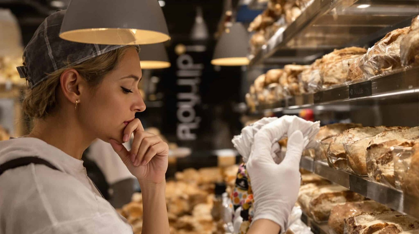 Baker inspecting bread on shelves.